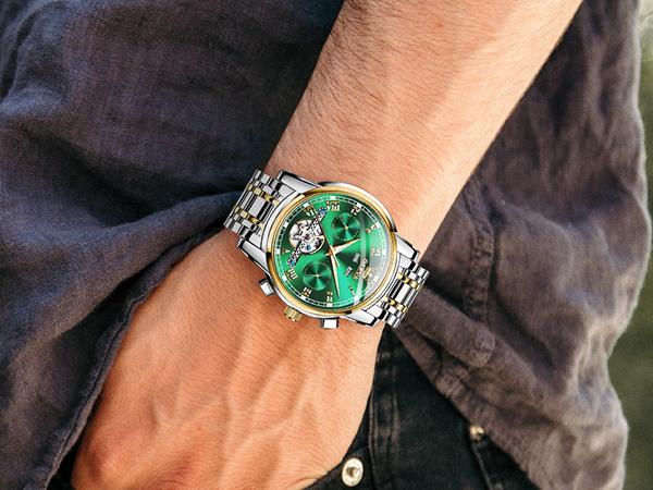 OLEVS G6607 Men's Self Winding Automatic Mechanical Tourbillon Watch Stainless Steel Luminous Waterproof Luxury Dress Wristwatch with Bracelet and Gift Box