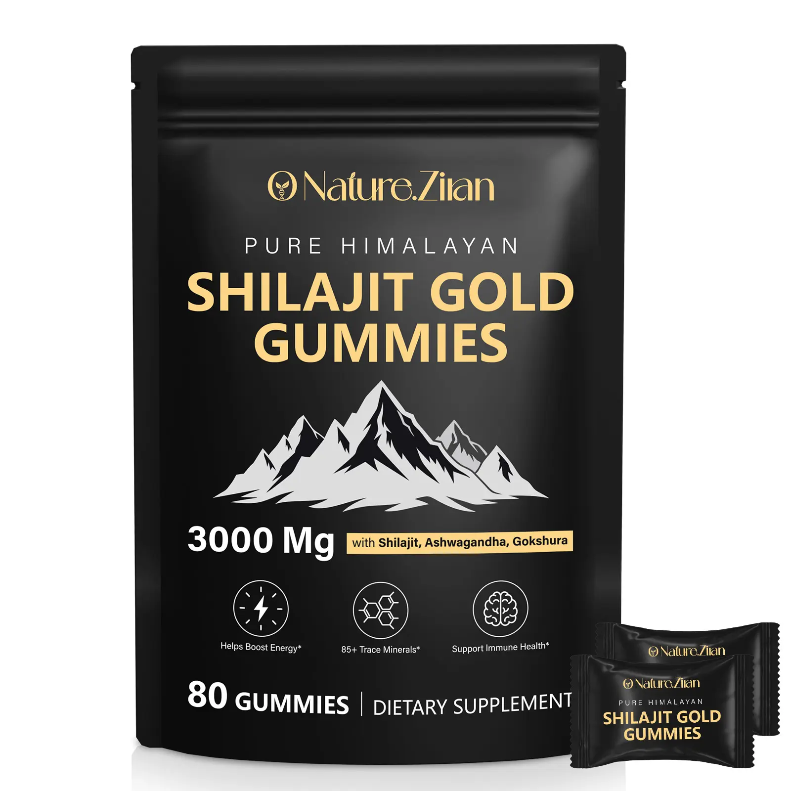 ONatureZiran Pure Himalayan Shilajit Gold Gummies Edible Dietary Supplement, 3000mg with Ashwagandha, Gokshura, 85+ Essential Minerals, 80-Count Organic Herbal Mineral Supplement for UK Strength Energy & Fitness Endurance, Essential Minerals Supplement