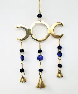 Triple Moon Brass Wind Chime with Beads 9" Long