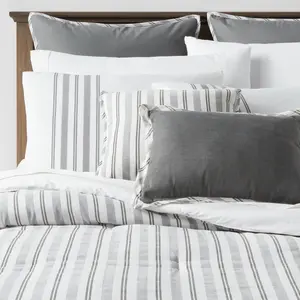 Queen 8pc Edenton Reversible Classic Stripe Comforter Set White/Gray - Threshold