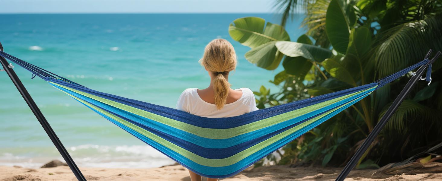 Double Hammock with Space Saving Stand, Heavy Duty Steel Frame, Portable for Outside & Indoor Use, 450lbs Capacity, Easy Assembly, Carrying Bag Included
