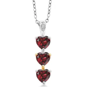 Keren Hanan 925 Sterling Silver and 10K Yellow Gold Heart Shape Red Garnet 3 Stone Pendant Necklace For Women (1.81 Cttw, Gemstone Birthstone, with 18 Inch Chain)