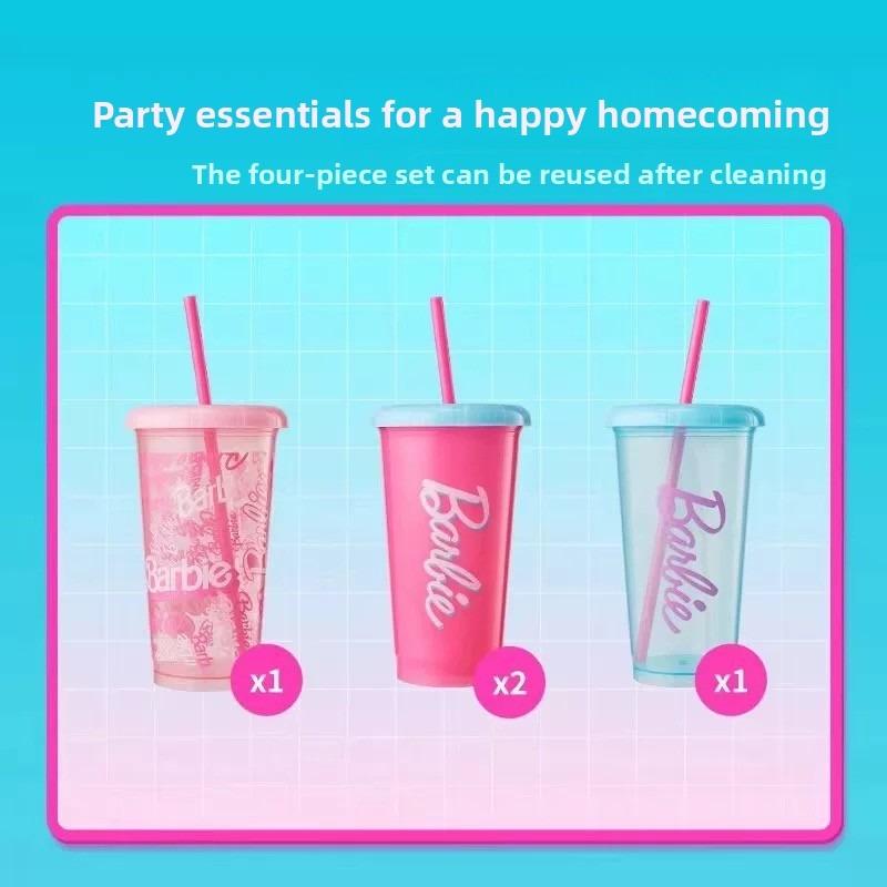 [New Year's gift] MINISO Barbie Sunlight Sparkle Straw Plastic Cup 4-Piece Set Alphabet Water Cups for Drinks and Soda, New Year's gift and Black Friday