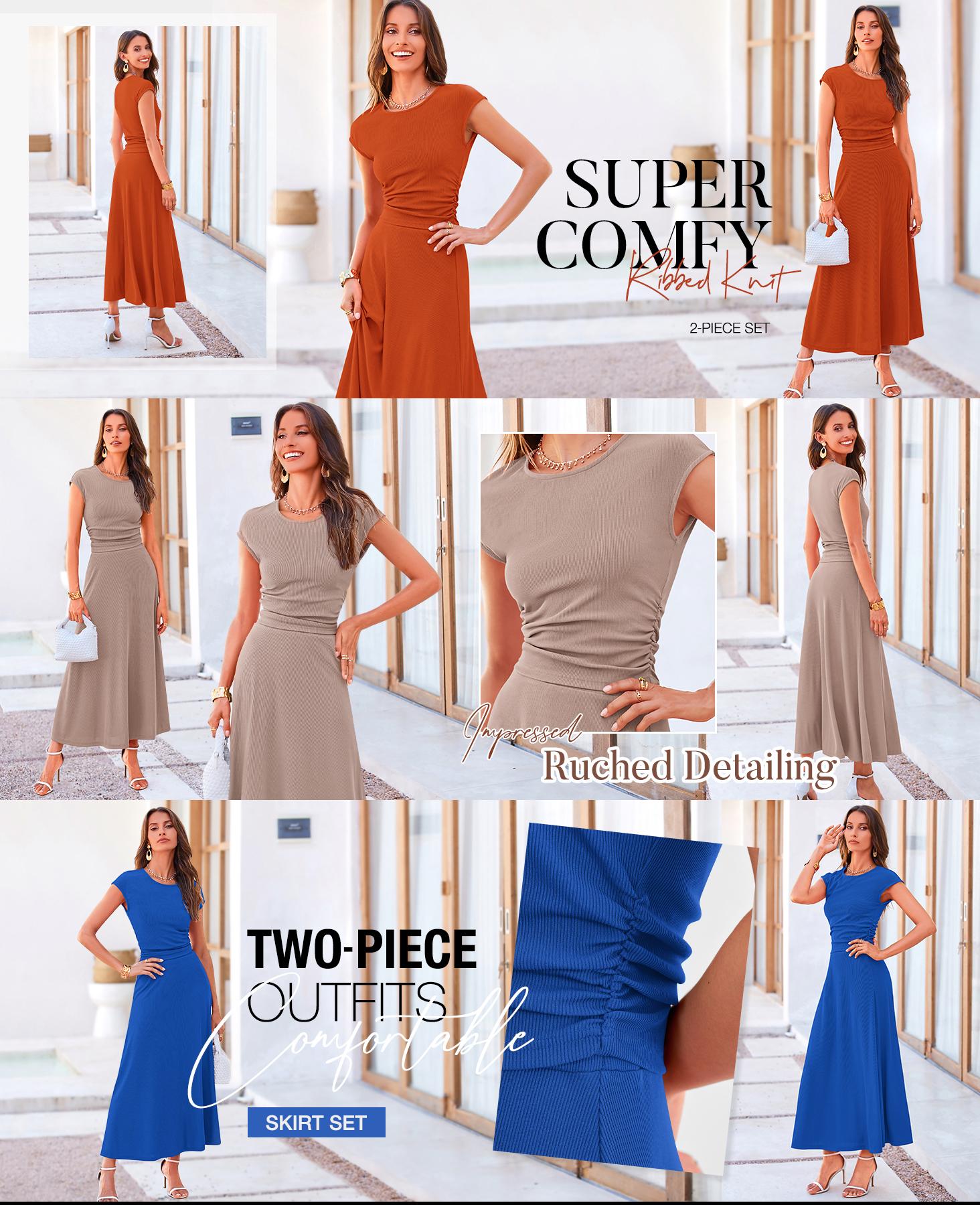 BTFBM Women Two-Piece Skirt Set Summer 2026 Casual Vacation Crew Neck Short Sleeve Cropped Top Elastic Waist Midi Skirts