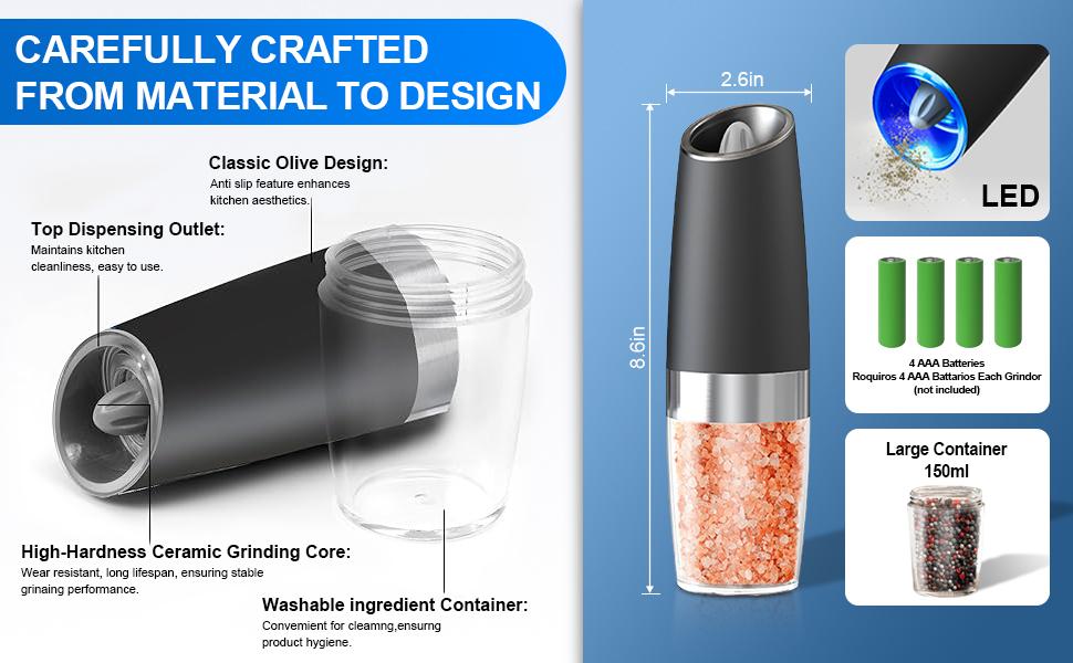 Electric salt and pepper grinder set, adjustable coarseness with LED light, 2-pack, one-handed kitchen grinder, large capacity automatic salt and pepper grinder, suitable for kitchen,Utensils Kitchenware Ceramic Seasoning,Christmas Gifts New Year Gifts Re