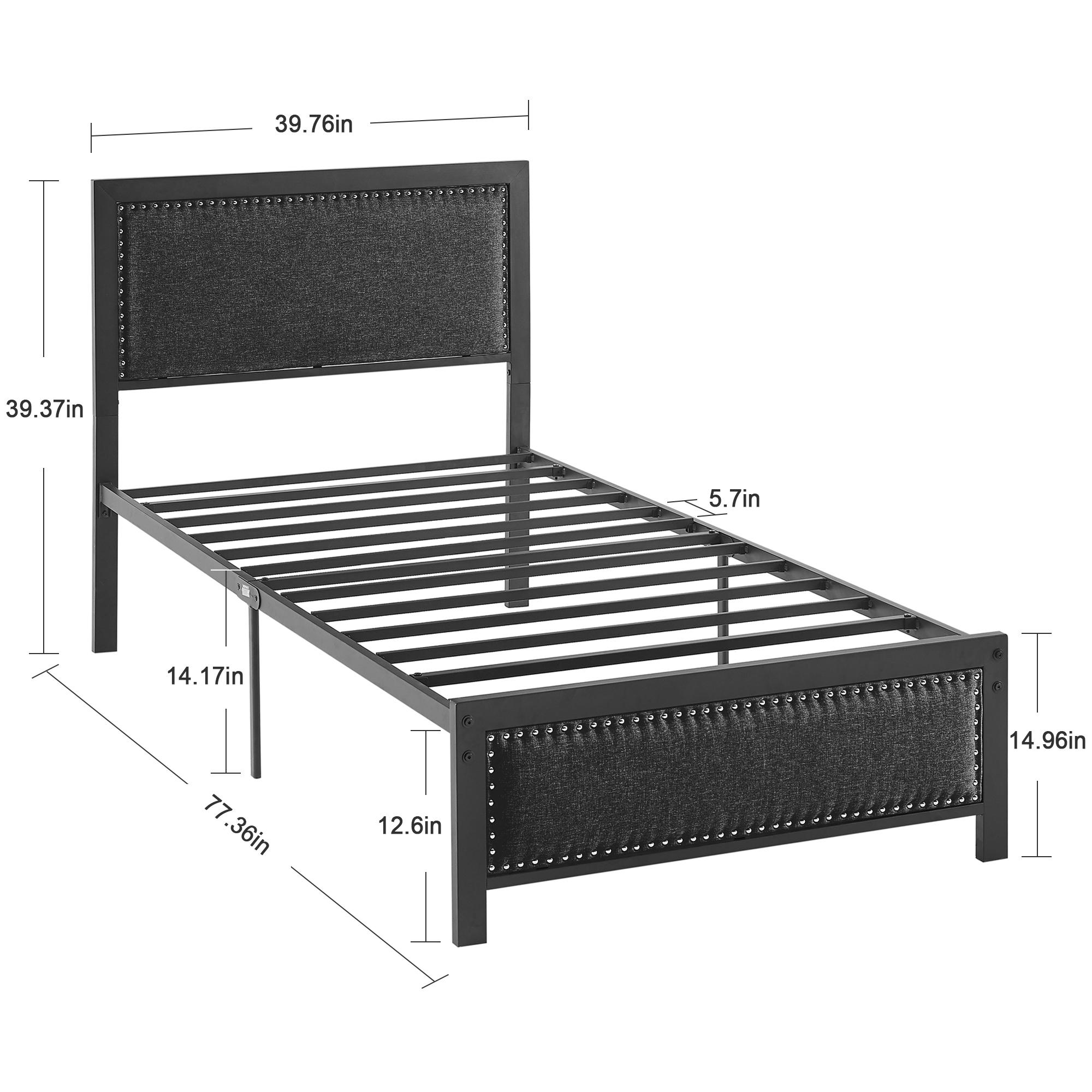 VECELO Bed Frame with Upholstered Linen Nailhead Trim Headboard Footboard Twin Full Queen Size Platform Metal Slat Support No Box Spring Needed Easy Assembly Black Gray Bedroom Furniture