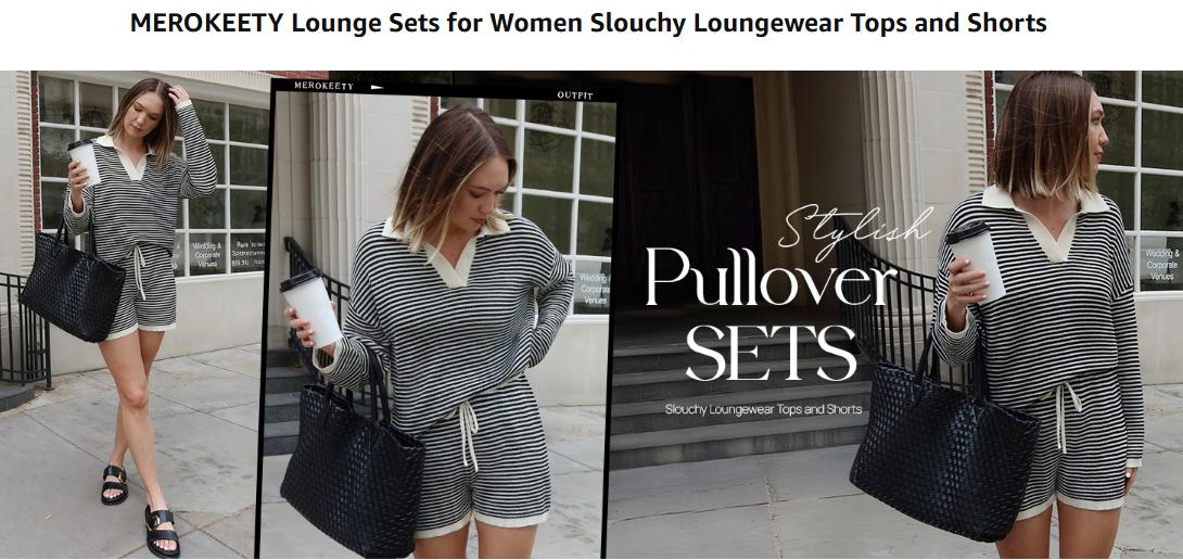 MEROKEETY Lounge Sweater Sets for Women 2 Piece Outfits Casual Long Sleeve Striped Tops Shorts Matching Set MEROKEETY Lounge Sweater Sets for Women 2 Piece Outfits Casual Long Sleeve Striped Tops Shorts Matching Set