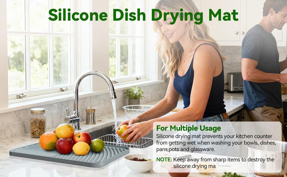 Belife Dish Drying Mat for Kitchen Counter Non-Slip Drain Pad with Built-in Drain Heat Resistant Stone Drying Mat 16.9 x 14.6 Quick Drying Anti-Slip Food Grade Silicone Multifunctional Mat