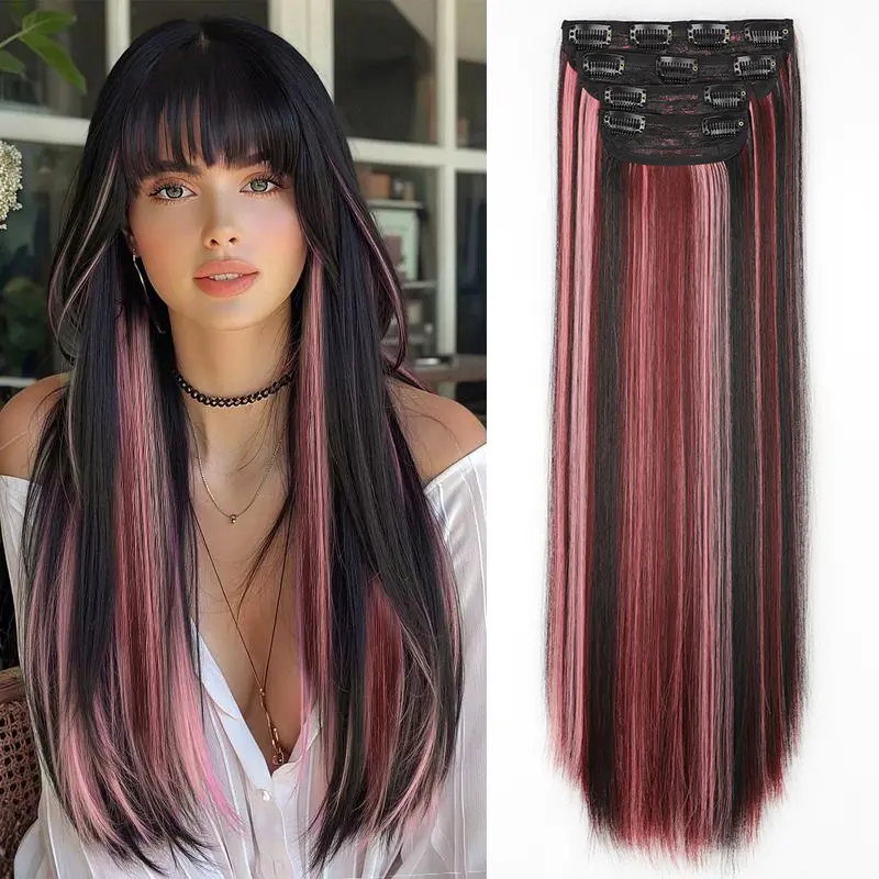 Women's 20 in Clip-in Synthetic Hair Extensions, 4PCS Thick Double Weft Hairpieces, Long Volume Wavy/Straight Style, Mix Pink Highlights with Pinkish Purple-Brown Black Fibers, Summervibes Fashion Accessory, Extensions Hair