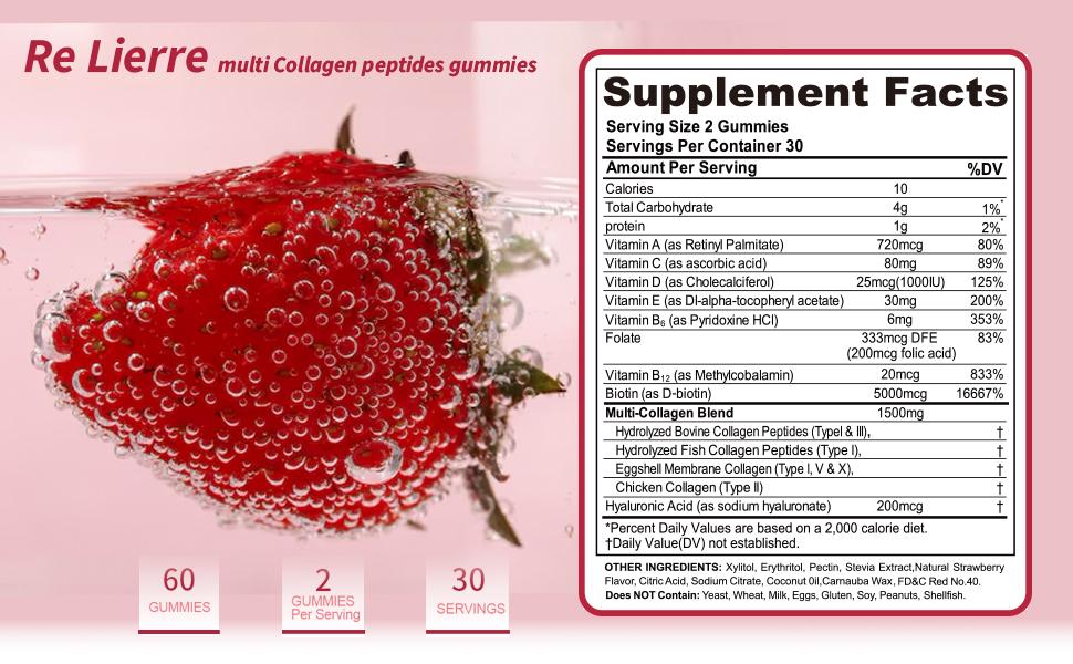 3 Bottles Re Lierre Collagen Peptide Gummies for Women & Men Sugar-Free 1500mg Protein Types I II III V X 5000mcg Biotin Methylated B12 Vitamins A C D E B8 for Skin Hair Nails Bone 60 Gummies