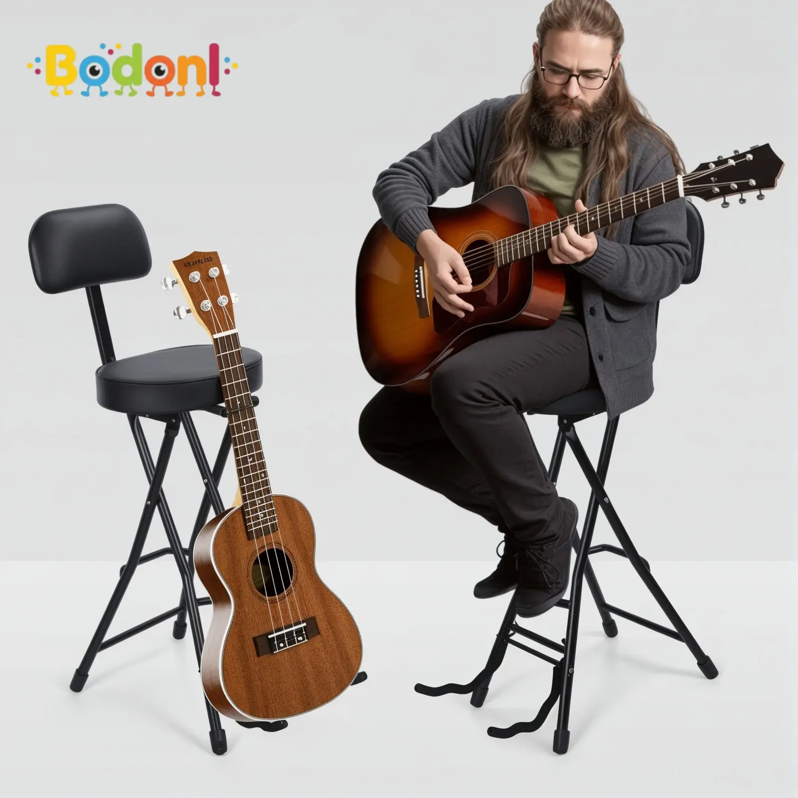 1 x Guitar Stool with Backrest - Faux Leather Padded Cushion, Heavy-Duty Ergonomic Design, Compact Storage, Adult Portable Folding Chair with Guitar Stand for Comfortable Playing