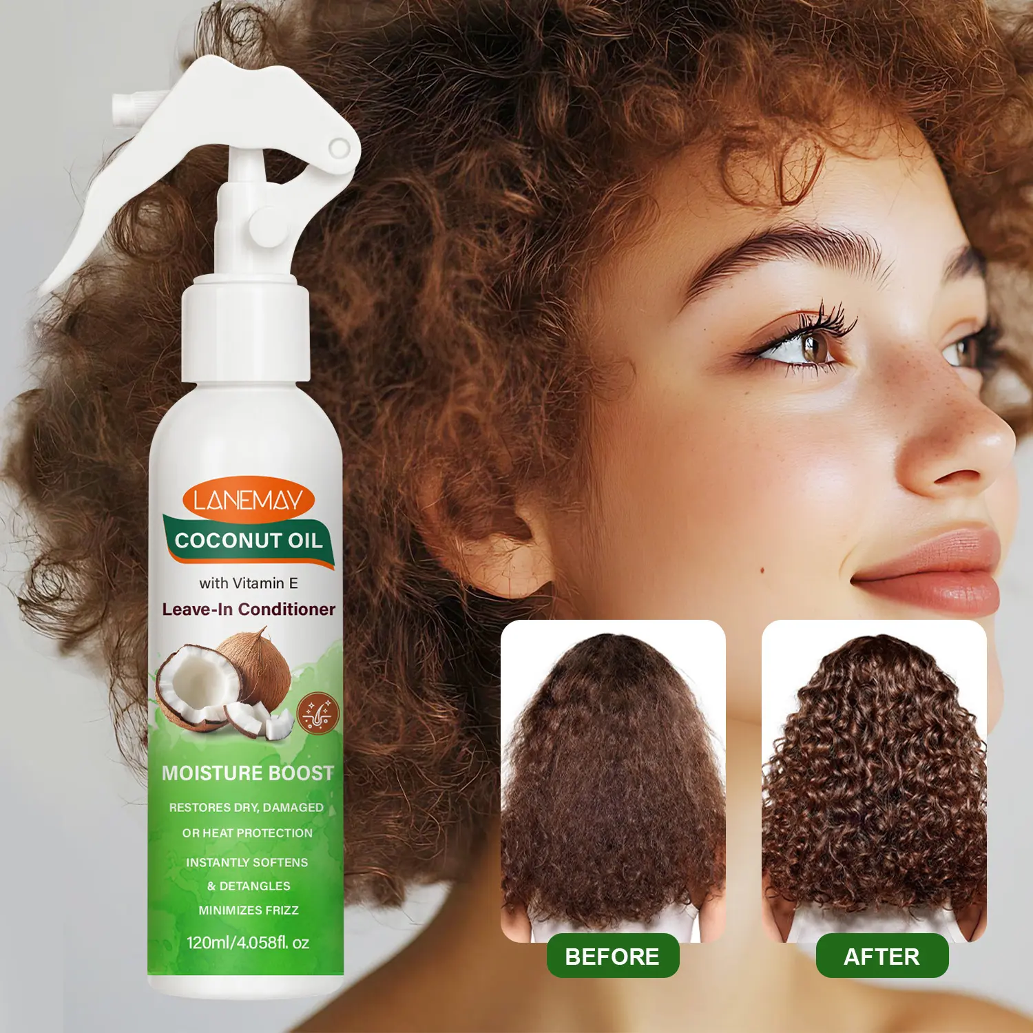 Coconut Oil with Vitamin E Leave-In Conditioner, Every Day Conditioner, Lightweight, Moisturizes and Strengthens Hair with Gardenia Extract, Enhances Shine & Smoothness, Ideal for Dry Damaged Hair, Curly Hair, Heat Protection Styling & Frizz Moisture