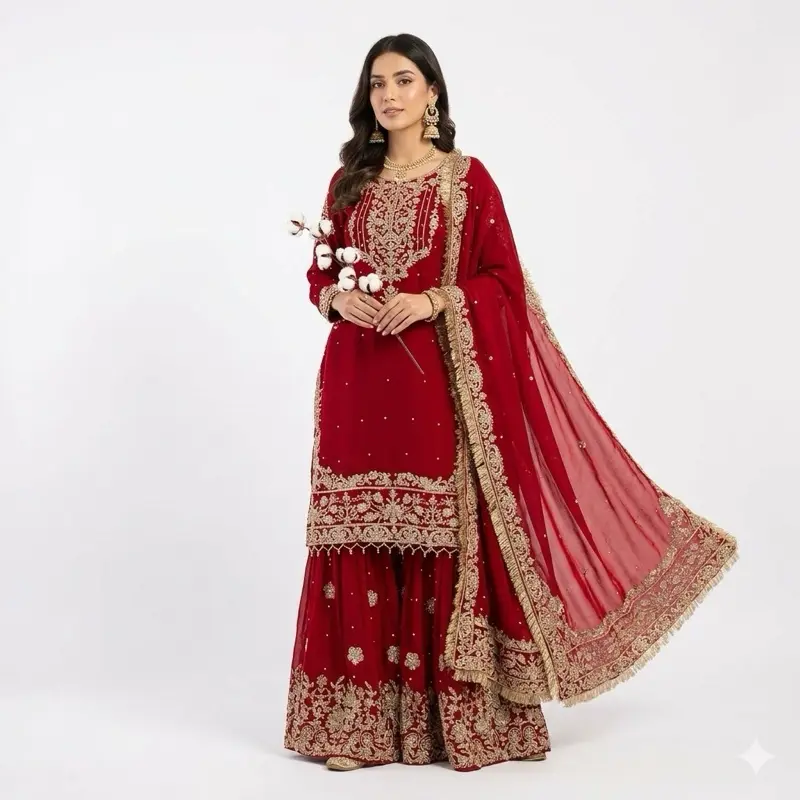 Women's Indian Ethnic Sharara Set with Blouse - Lady's Rich Red 10-Piece Women's Clothes Collection, Intricate Gold Embroidery, Elegant Design, Indian Ethnic Wear, Embroidered Ethnic Blouses & Shirts