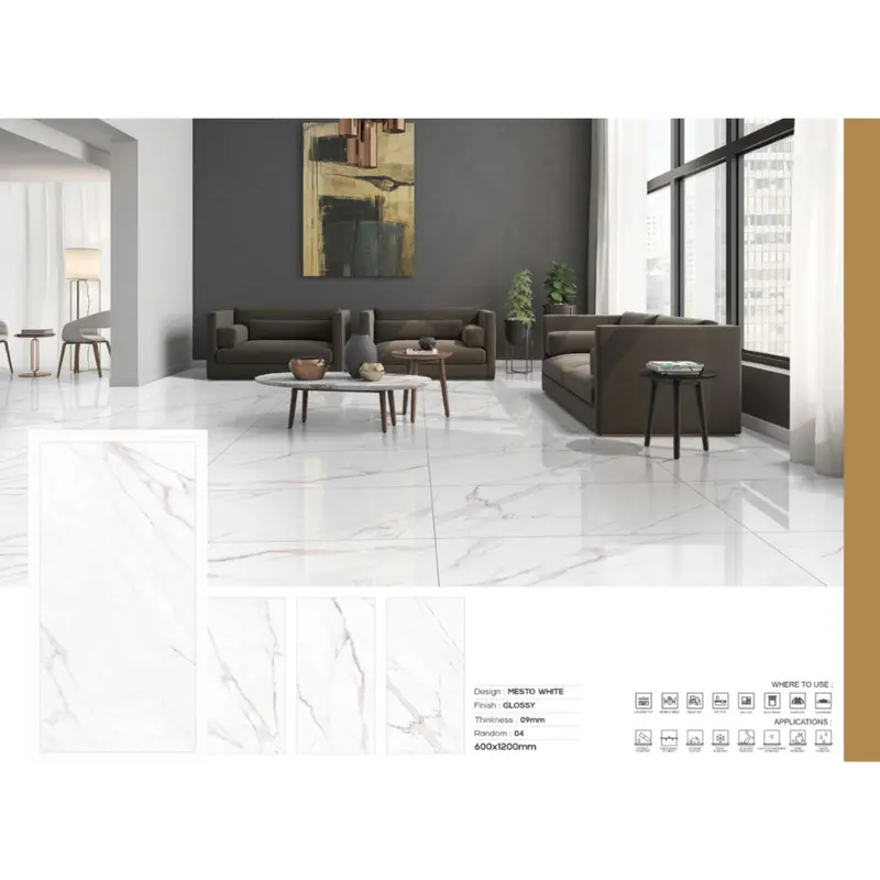 My Luxury Flooring MK PANTON Mesto 24x48 in 3D Carved Marble-Look White Porcelain Tiles - Soft Grey Vein, Glossy Finish, Slip-Proof, Bathroom Wall-Floor Use - 15.5 Sqft/Box, 10-Box Pallet (155 Sq-ft)