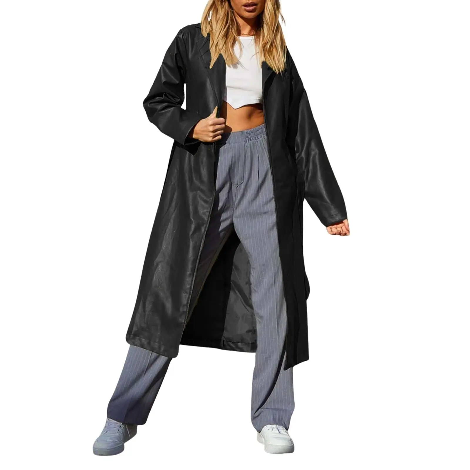 CHOUYATOU Women's Retro Chic PU Leather Trench Coat with Notched Lapel, Long Sleeve Belted Knee-Length Outerwear for Business, Street Style, Synthetic Cotton, Xs, Dress, Evening, Outdoor Activities
