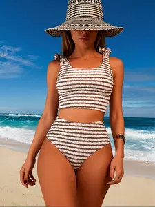 Women Striped High Waist Bikini Set Textured Stretch 2 Piece Swimsuit Crop Tank Top + High Rise Bottom Tummy Control Beach Swimwear Summer Bathing Suit Push Up Support Soft Polyester Elastane Beach Outfit
