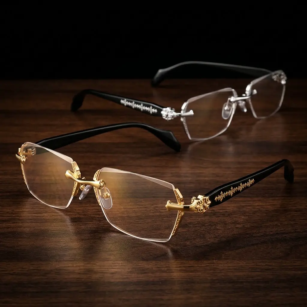 EUNOIALENS Rimless High-Quality Non-Prescription Eyewear - Frameless Glasses with Diamond-Cut Edges, Stainless Steel Fashion Temple Decor, Unisex Adult Accessory for Daily Use, Father's Day Gift for Men, Summer Outfit Travel Essential