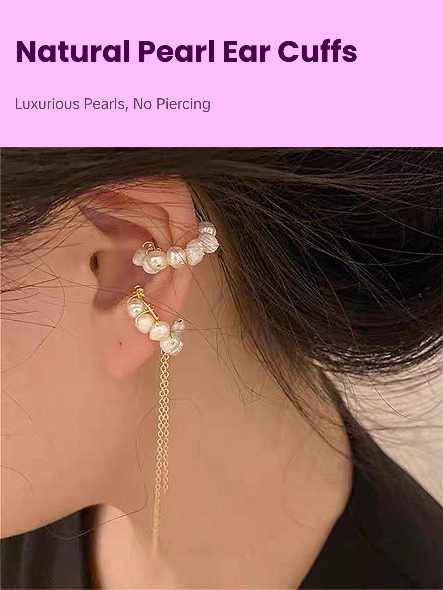 No Piercing Natural Pearl Ear Climber - Arc Gold Dangle Conch Helix Cuff Earrings