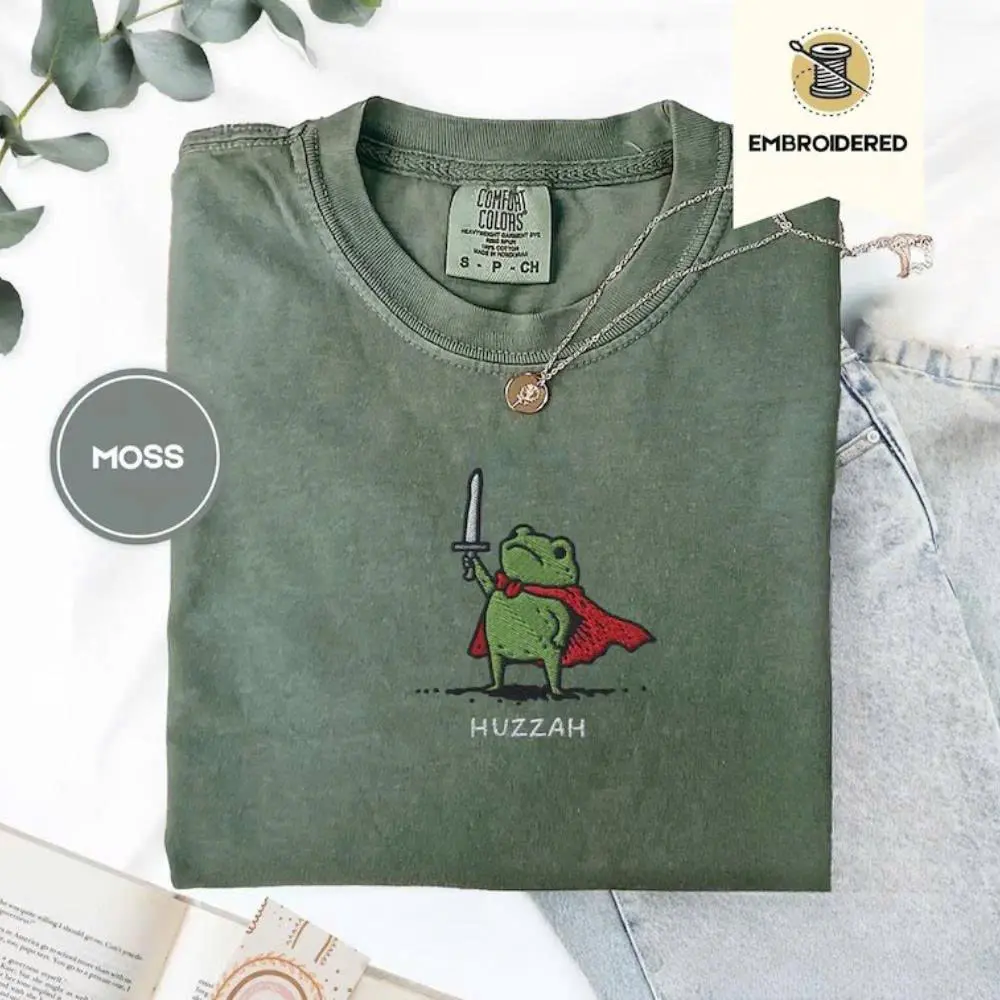 EMBROIDERED Comfort Colors Huzzah Frog with Sword Tee, Medieval Frog T Shirt, Funny DnD T-Shirt, Renaissance Faire Frog Gift