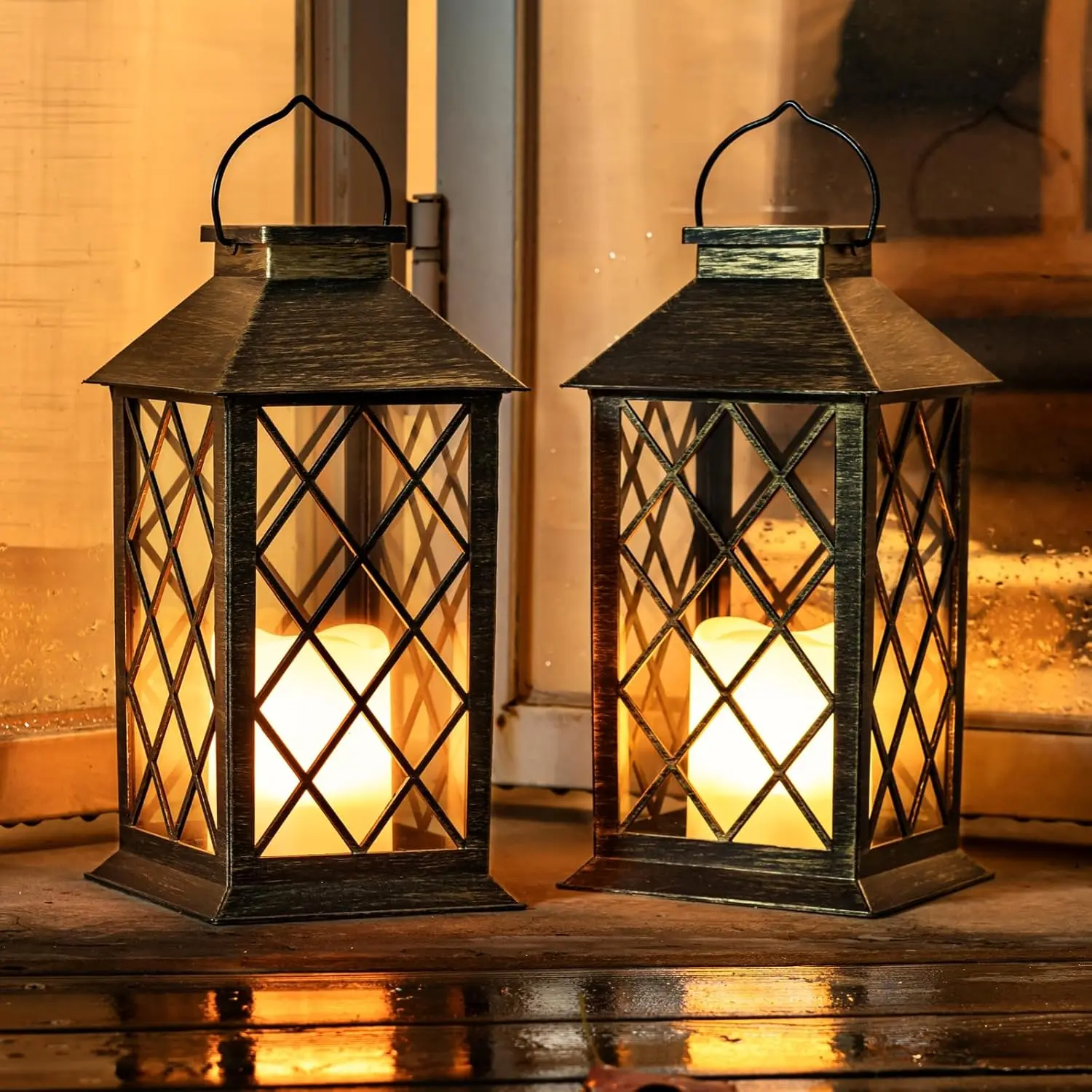 2PCS 13in Bronze Solar-Powered Outdoor Hanging Lanterns - Waterproof, IP44 Durable ABS Plastic, Flameless LED Flickering Candles, Auto Dusk-On, Home Garden Patio Decor (Back to School Summer Sale, Both Indoors/Outdoors)