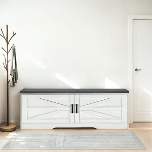 2-Tier Storage Bench, Farmhouse Shoe Bench with Padded Seat Cushion, Entryway Bench with 2 Barn Doors & 2 Adjustable Shelves, 13.75" D x 39.4" W x 17.72" H, for Entryway, Bedroom, Living Room, White