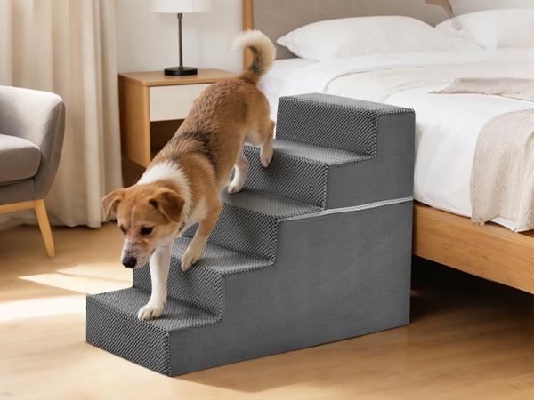 Dog Stairs Ramp for Small Dogs and Cats 5-Step Curved Pet Steps with High-Density Foam for Puppy and Older Cats Indoor Ramp Stairs for Couch High Beds Sofa Chairs Grey