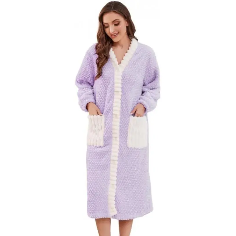LYCY Women's Plush Long Sleeve Bathrobe - Soft Fluffy Button-Up Nightwear for Winter Warm Loungewear