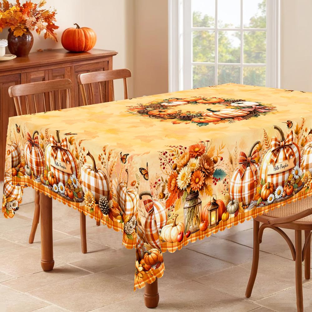 PLUMLIK Vibrant Fall Tablecloth with Buffalo Plaid Pumpkin Sunflower Patterns, Autumn Yellow Rectangular Round Table Cover Suitable for Thanksgiving Day Holiday Party, Indoor Outdoor Decor, Farmhouse Harvest Table Decoration, Home Kitchen Festive Decor
