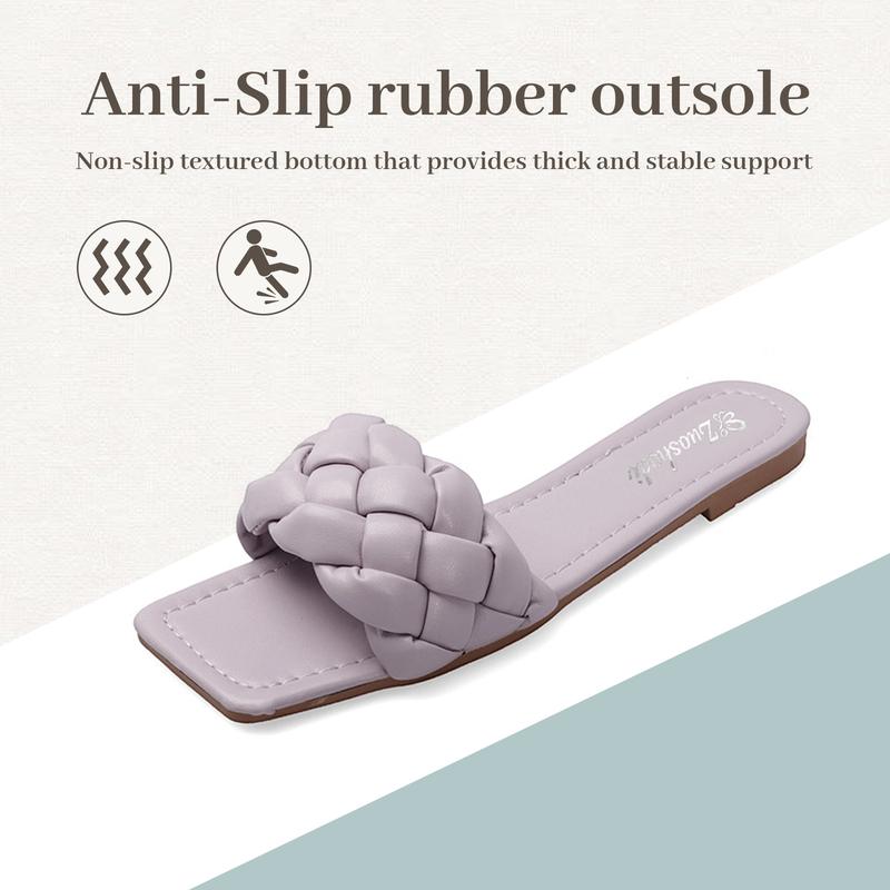 Breathable Fashion Square Toe Slide Sandals Women Woven Open Toe Flat Sandals Non-Slip Lightweight Casual Summer Footwear