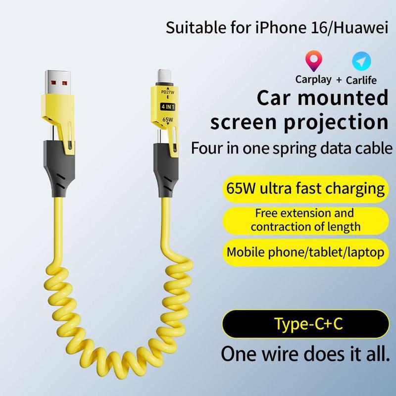 4 in 1 Spring Fast Charging Cable, 65W USB-C PD Multi Fast Charging, Universal USB Charger Cable 1.2m/4ft Coiled Retractable Cable  Fast Car Charging & Data Sync for iPhone Samsung Laptop