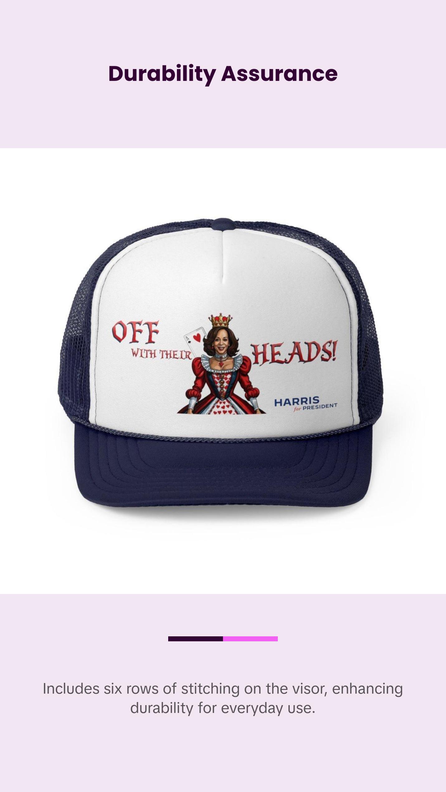 Kamala Harris "Off With Their Heads!" Queen of Hearts Trucker Hat - Playful Political Statement Cap