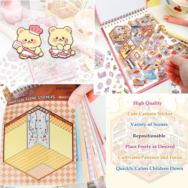 20 Sets DIY Miniature 3D Sticker Scene Book, Sticker Therapy Scenes Collection Book for Adults Stress Relief Pass The Time, Make Your Own House Miniature Cute Cartoon Animal Isometric Scene Funny Stickers