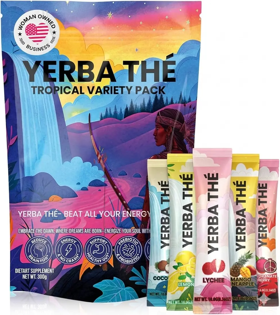 Yerba Mate Tea Powder - 30 Sachets Gut Health Support Drink - Probiotics & Prebiotics - Reduce Brain Fog, Relaxation & Focus - Natural Yerba Mate Clean Energy - Mixed Fruit Flavors - Sugar-Free.