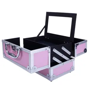 Makeup Train Case, Portable Cosmetic Box, Makeup Train Case Jewelry Box Cosmetic Storage Organizer with Mirror for Makeup Artist,  Aluminum Makeup Train Case Jewelry Box Cosmetic Organizer with Mirror 9"x6"x6" Pink Crafter (Pink)