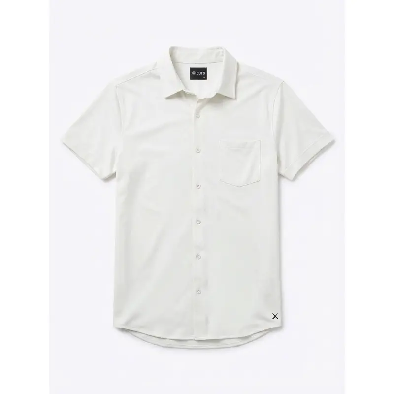Cuts Men's AO Fitted Short-Sleeve Button-Up Shirt - Polyester-Cotton-Natural-Spandex Blend Fabric, Curved Hem, Chest Patch Pocket, No-Iron Formal Menswear (Ideal for Trousers, Loafers)