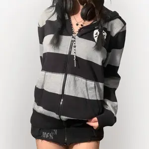 Women's Zip Up Hoodie Sweatshirt Long Sleeve Oversized Casual 90S Y2K E-Girl Streetwear Grunge Jacket with Pocket Tops Sweater Coat Polyester Stripe Womenswear Drawstring Jumper Outdoors Print Black Grey
