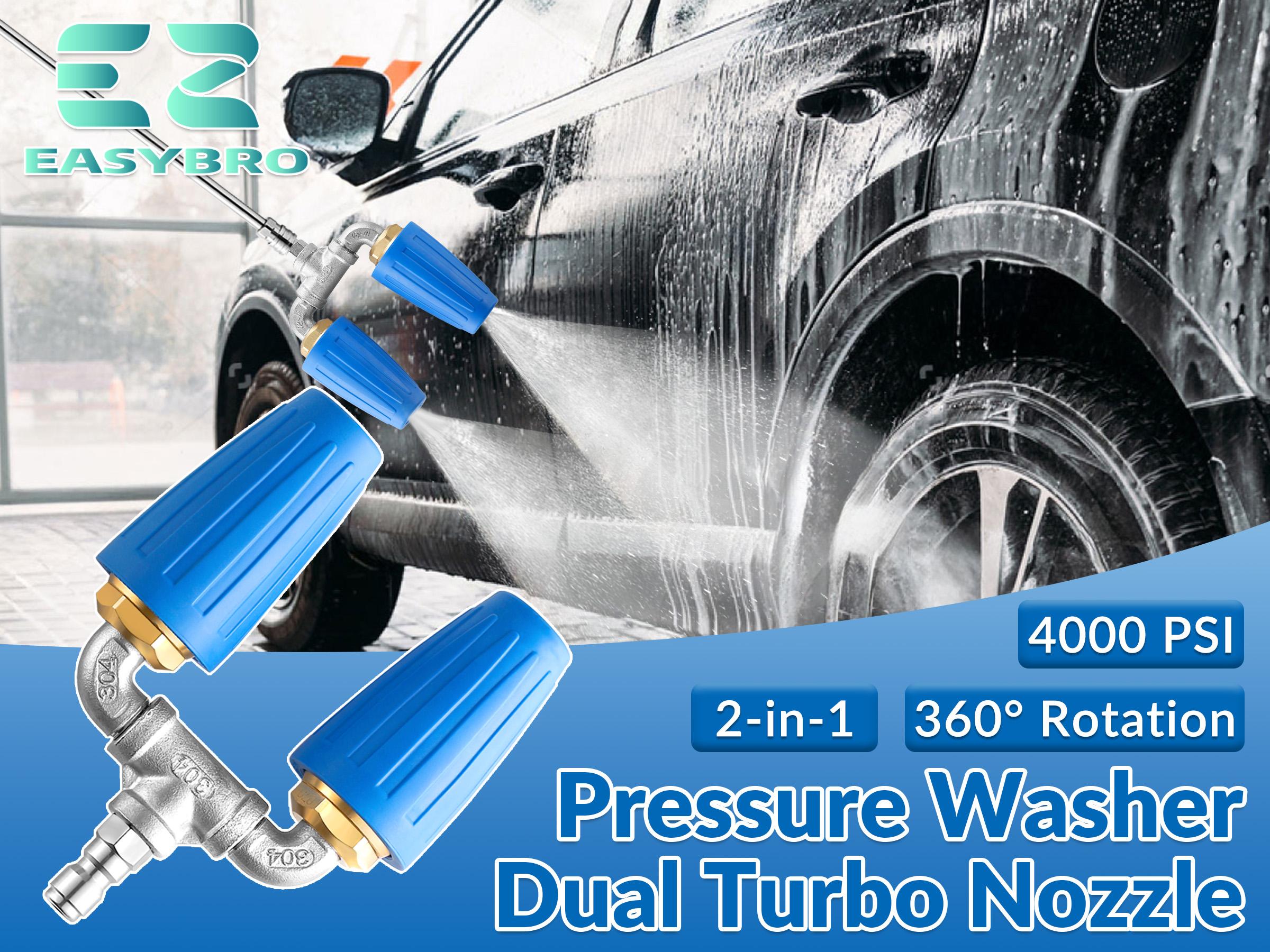 EASYBRO Dual Turbo Nozzle Pressure Washer, Double 360° Rotating Turbo Nozzle for Power Washer, 1/4" Quick Connect Twin Turbo Nozzle Tip, 4000 PSI, 4-6 GPM, 2.0 Orifice