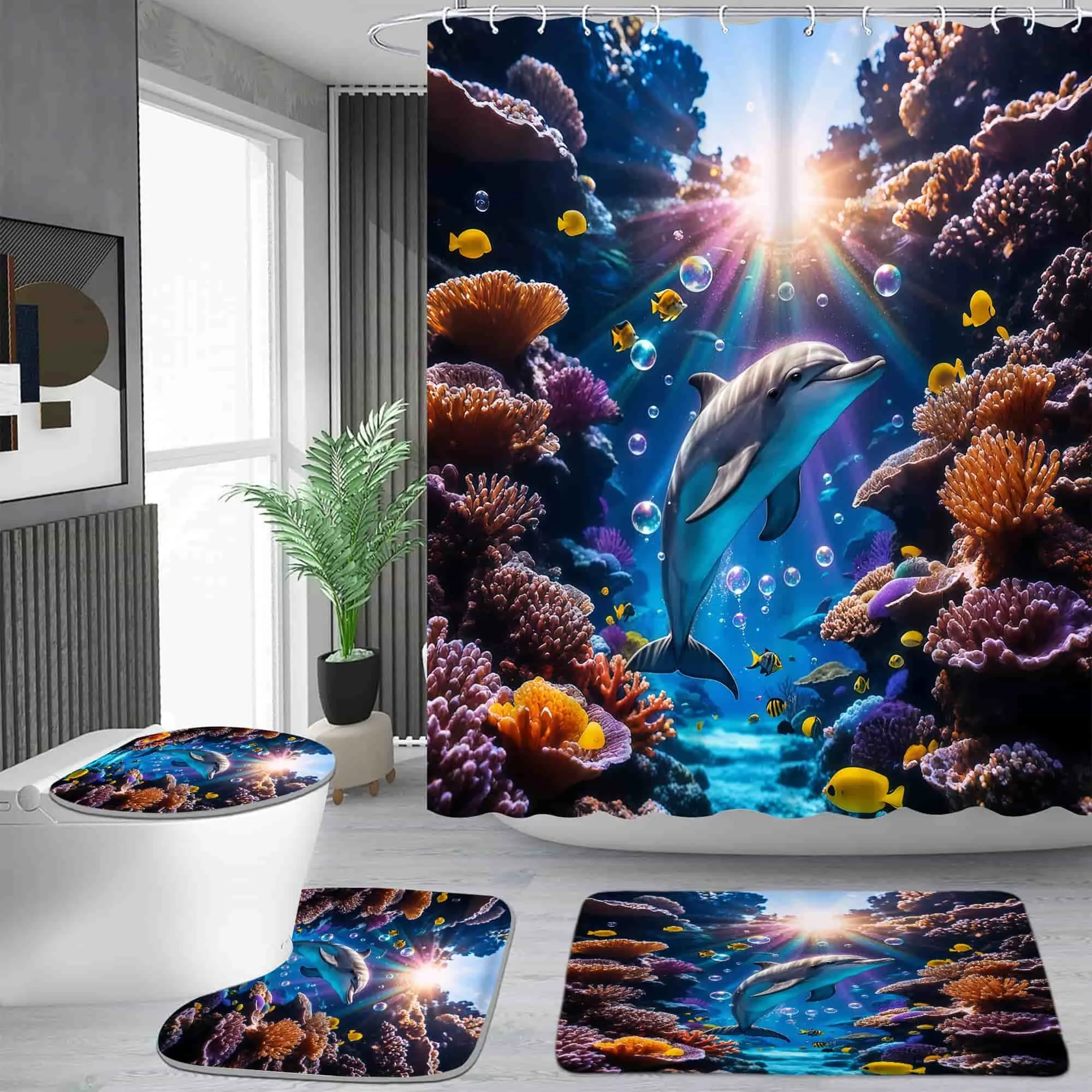 Tropical underwater dolphin pattern shower curtain set, waterproof shower curtain with 12 hooks, non-slip bathroom carpet, toilet U-shaped cushion, toilet seat cover cushion, bathroom shower curtain set, perfect moving gift.