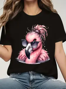 A Casual Round-Neck Short-Sleeve T-Shirt Featuring a Flamingo with Glasses, Perfect for Spring And Summer, Comfortable And Breathable, Suitable for All Seasons, Women'S Sportswear