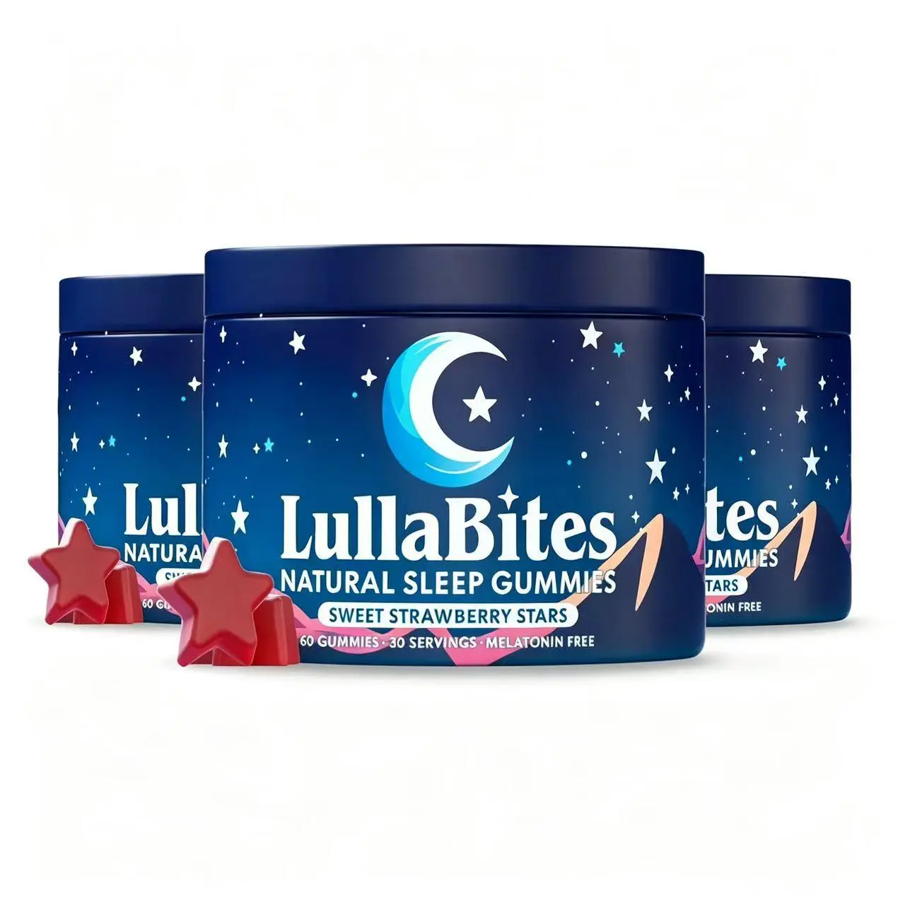3X LullaBites Natural Sleep‑Support Gummies 30 Servings, Sweet Strawberry Star Shaped, Melatonin‑Free Formula