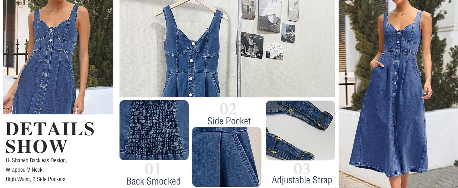 utcoco Denim Dress for Women Sleeveless Button Down Slim Fit Midi Jean Dresses for Women 2026 SpringStatements