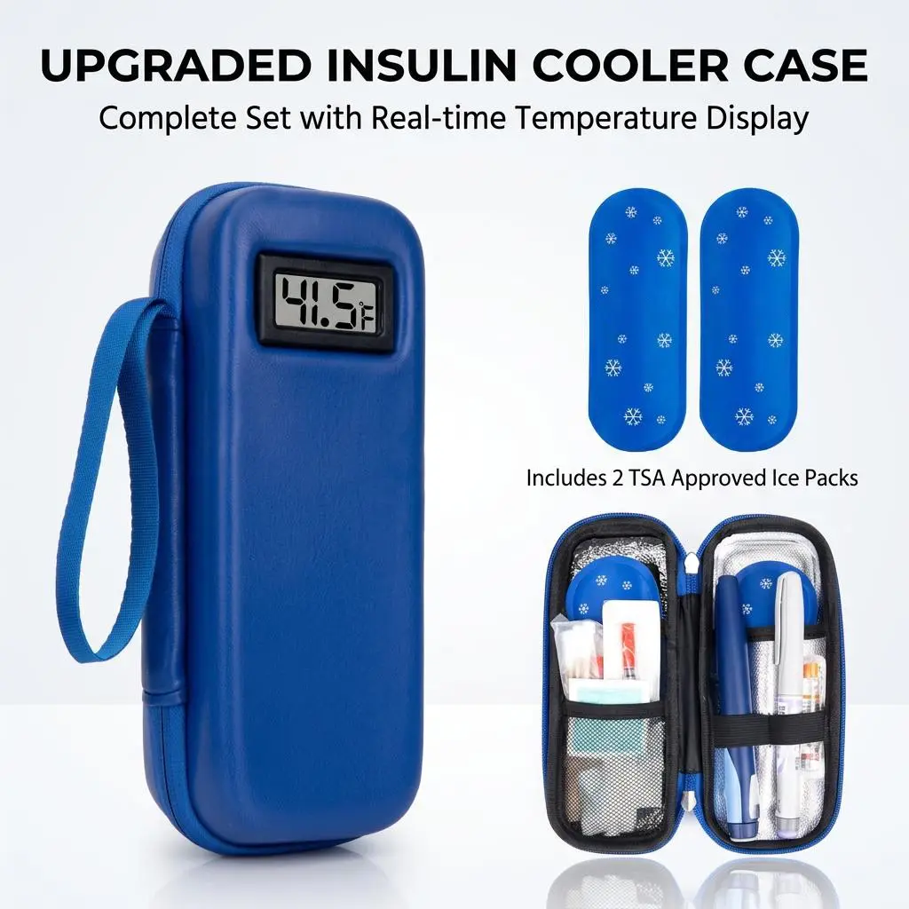 Portable Insulin Travel Cooler Bag - TSA Approved Compact Travel Cooler, Insulated Cooler Box with Real-Time Temp Display, 2 Gel Ice Packs, 270G/0.6Lb, 8.46x3.54x2.28in, Diabetic Pen & Medication Supplies Organizer for Commuting