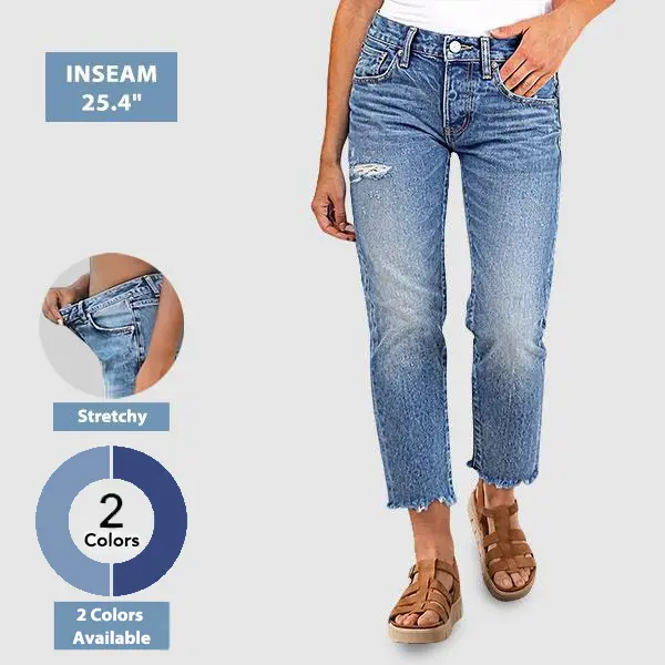 Flamingals Raw Hem Ripped Mid Rise Straight Leg Crop Jeans Women's Fashion Summer Vibes