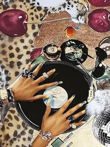 5D Diamond Painting Kit for Adults, Retro Disco Vibes with Vinyl Record & Leopard Print, DIY Glam Art Craft with Cherries & Disco Ball for Trendy Home Decor
