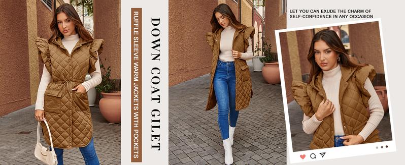 Tankaneo Womens Long Puffer Vest Ruffle Sleeve Winter Coats Hood Sleeveless Quilted Jackets Outwear