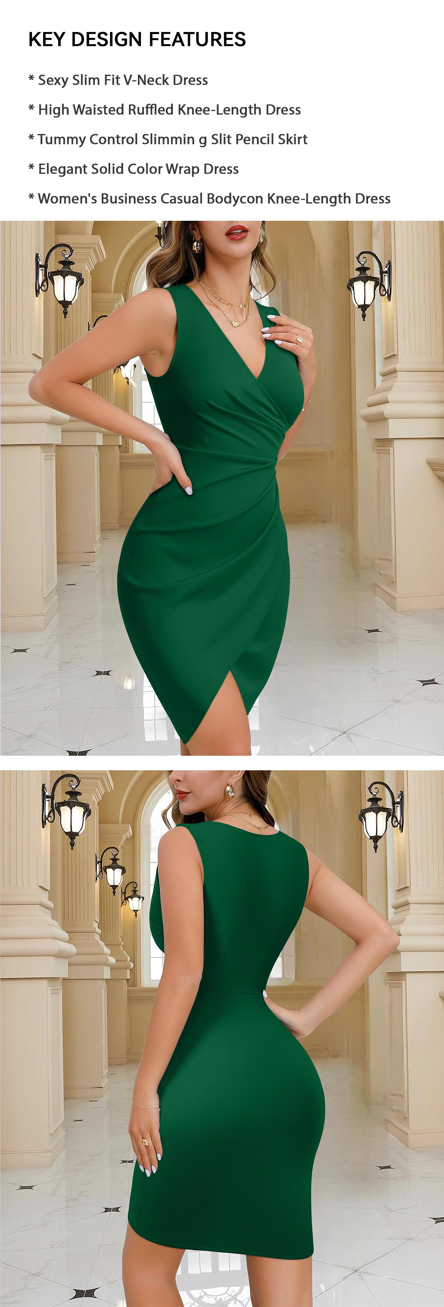 OYV 2026 Women's Sexy V-Neck Sleeveless Ruched Side Slit Bodycon Cocktail Party Work Dress