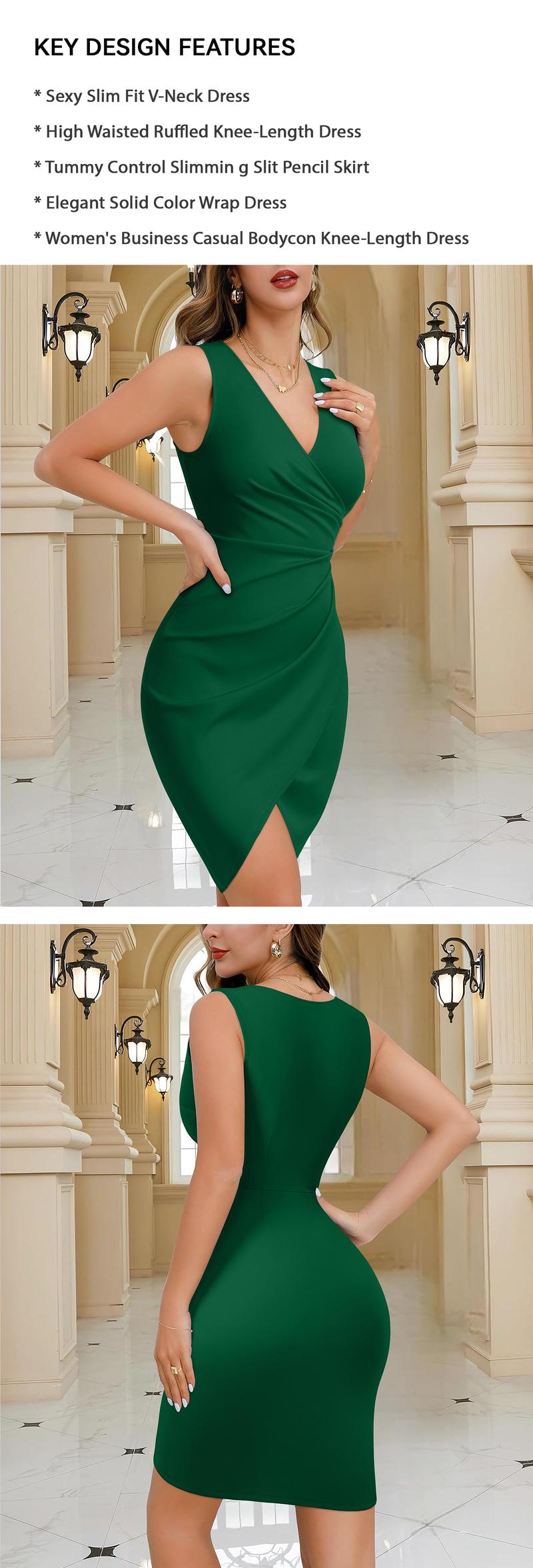 OYV 2026 Women's Sexy V-Neck Sleeveless Ruched Side Slit Bodycon Cocktail Party Work Dress
