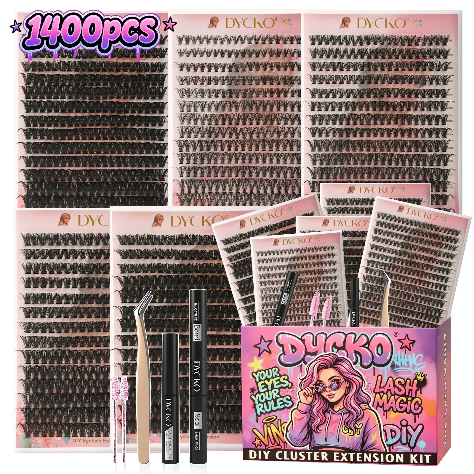 DYCKO 1400Pcs DIY Lash Extensions Kit - 10-in-1 Mega Value Set with 5 Mixed Style Trays (30D-100D), Professional Bond & Seal, Remover & Tweezer, 72H Waterproof Vegan Long-Lasting Starter Kit, DIY Lash Clusters
