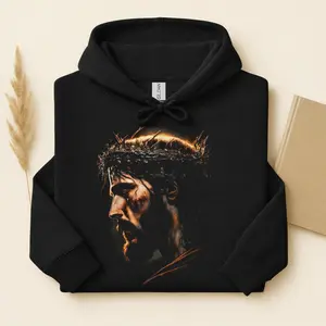 Jesus Portrait, Crown of Thorns Glow, Mens Faith Hoodie, Church Bible Study Night, Good Friday Easter Wear, Pair with Denim Jeans, Casual Street Style, Warm Fleece, Fast Shipping