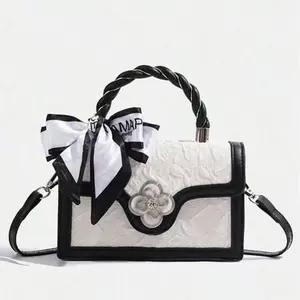 Mini Crossbody Bag for Women Retro Square Handbag with Ribbon & Flower Clasp Crescent Handbag Woven Bag Black & White Tote Purse Designer Handbags for Casual or Commute